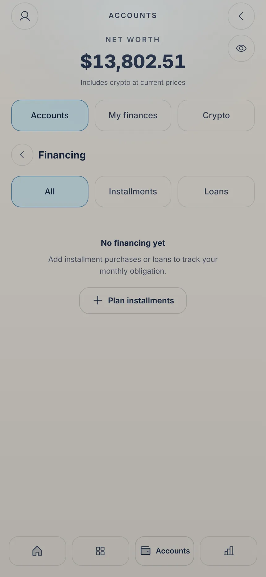 Financing, still empty, with the Plan installments button