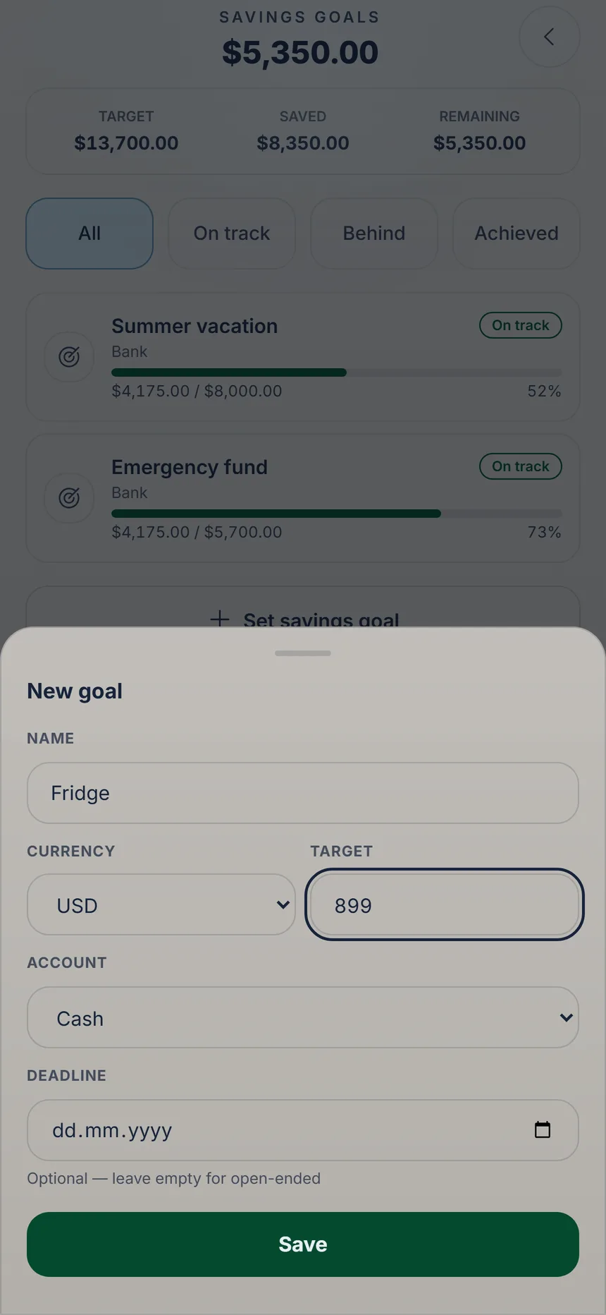 New goal form with name, currency, amount, account and the Save button