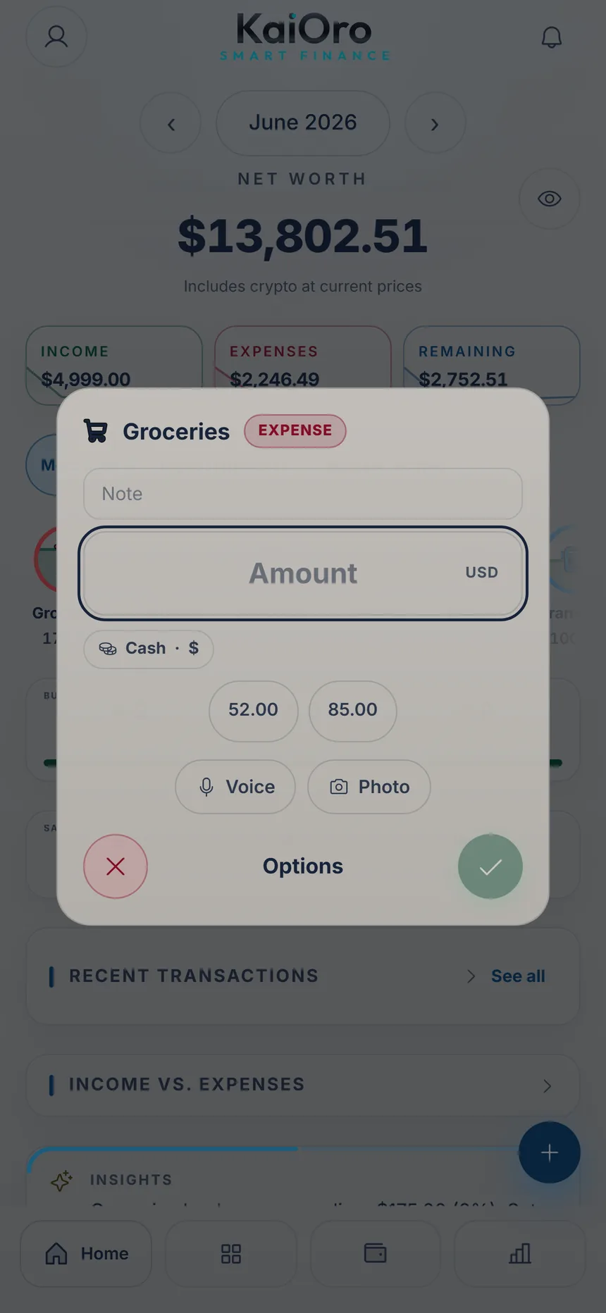 Groceries quick entry with the currency next to the amount