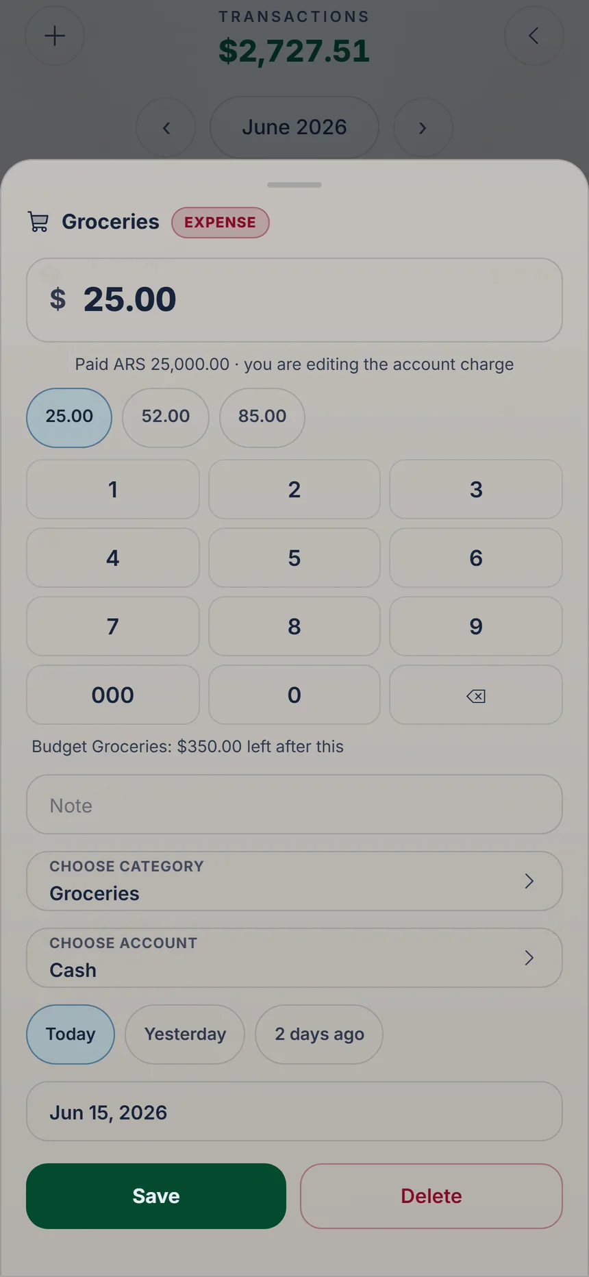 An expense paid in another currency open for correcting: amount in the account currency, keypad and delete key