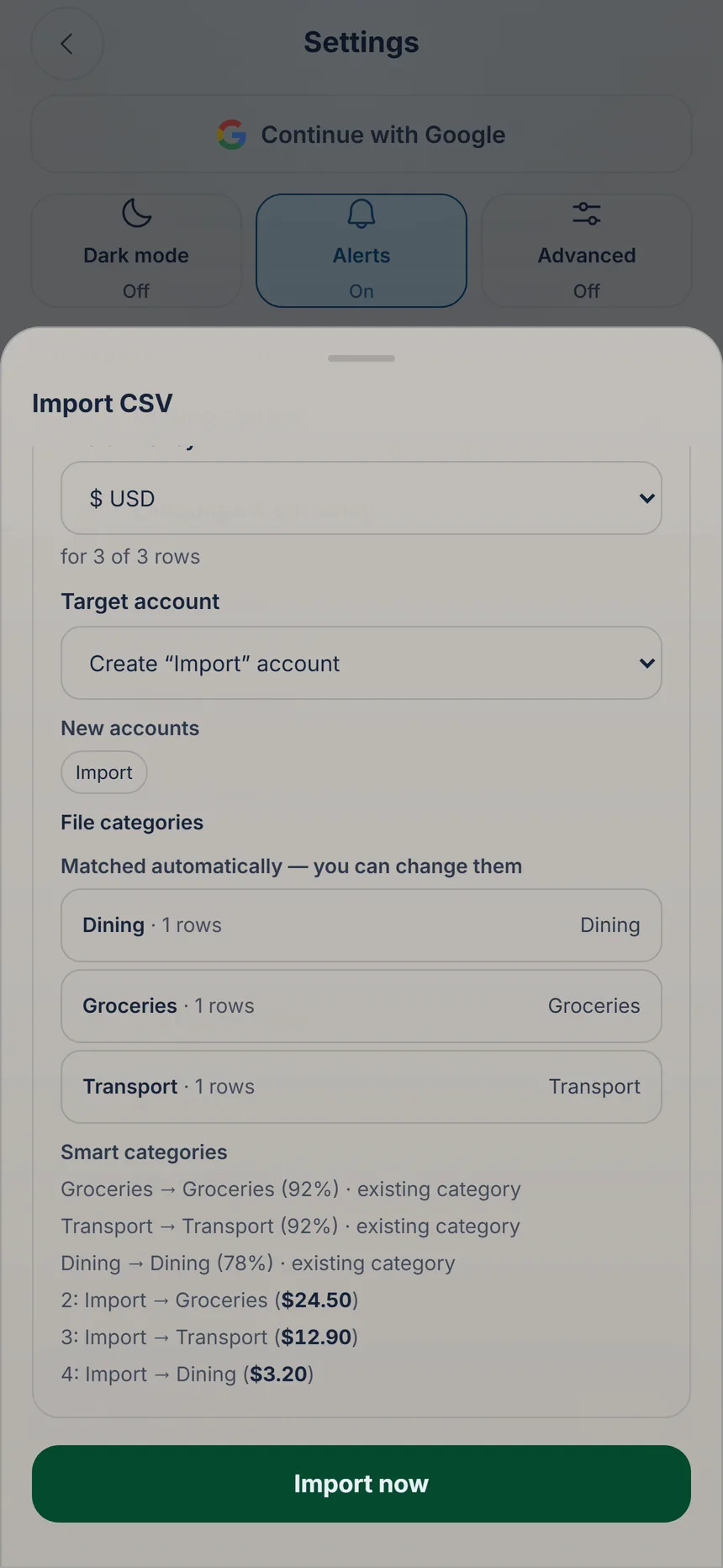 Import preview with the categories and the Import now button