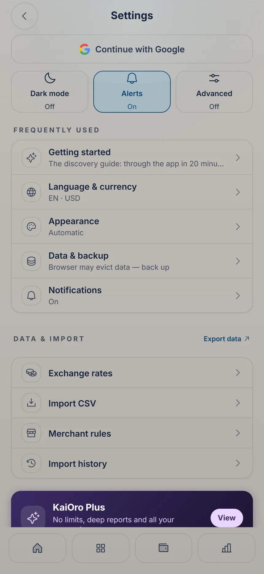 Settings with the Data & backup row