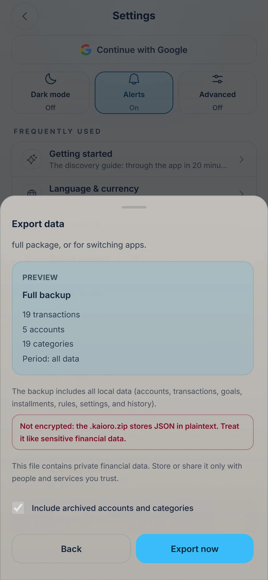 Full backup preview with the note that it is not encrypted and the Export now button