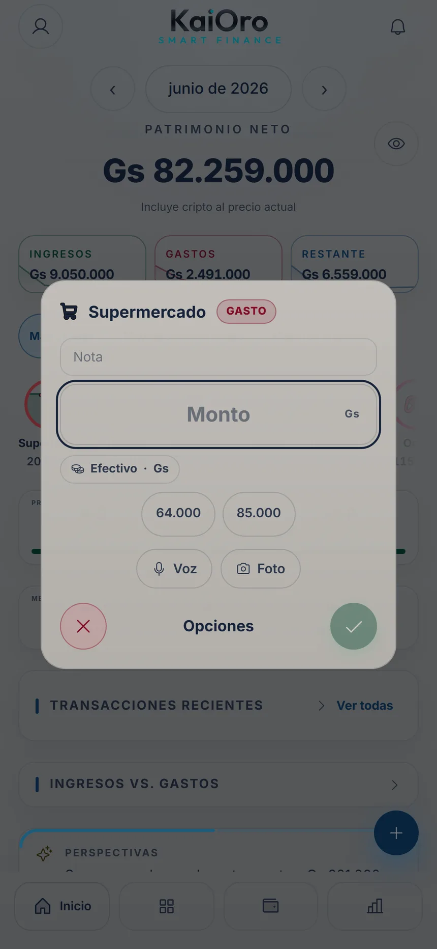 KaiOro con el registro rápido de Supermercado abierto sobre Inicio