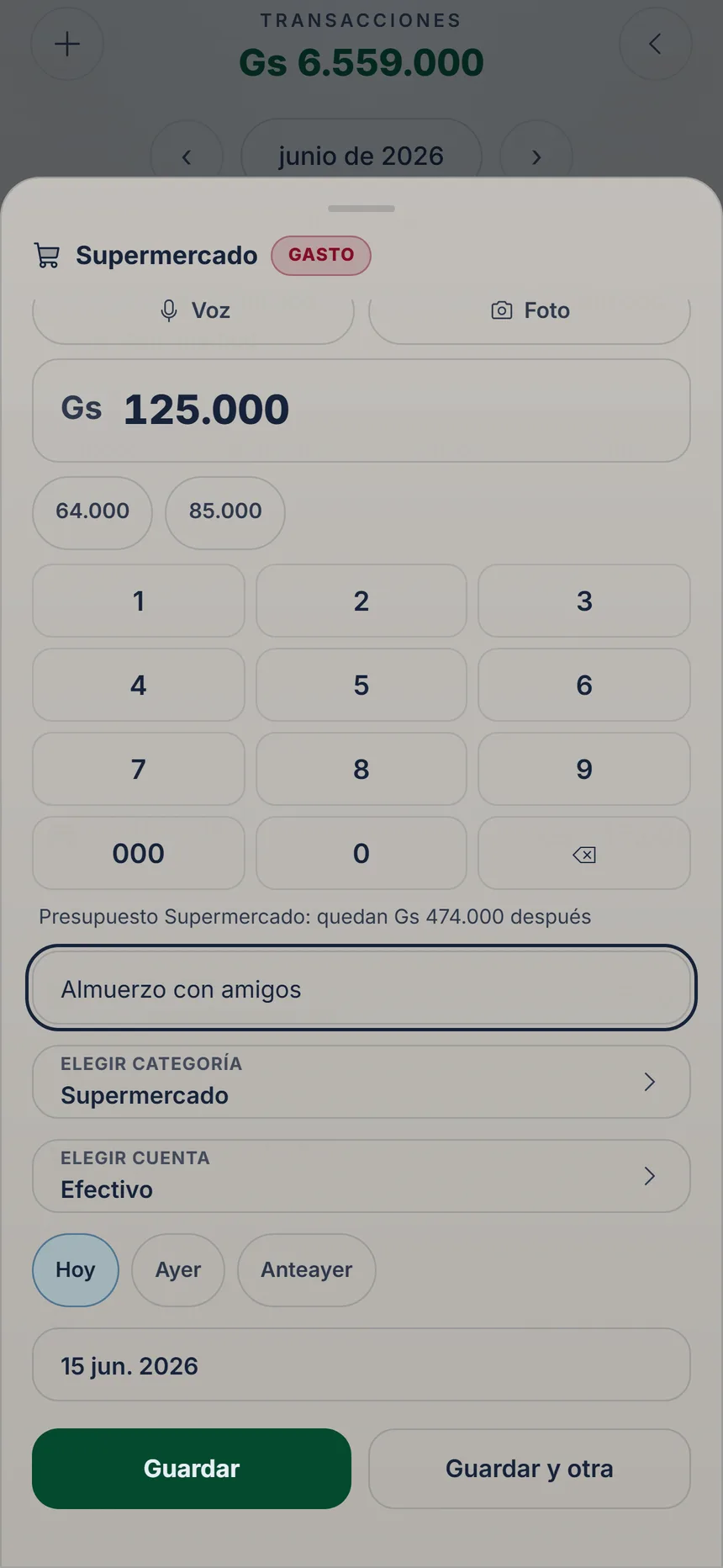 Ficha completa de un gasto con nota, cuenta, fecha y los botones Guardar y Guardar y otra