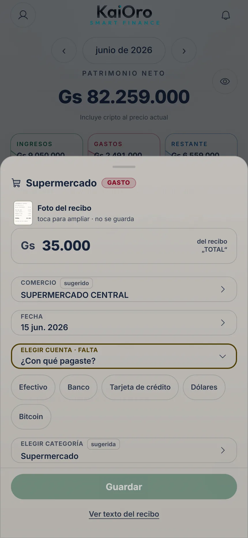 Revisión de un recibo fotografiado: total 35.000 de Supermercado Central