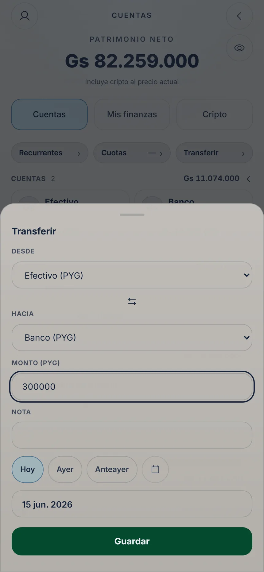 Transferencia de Efectivo a una cuenta del banco con el monto escrito