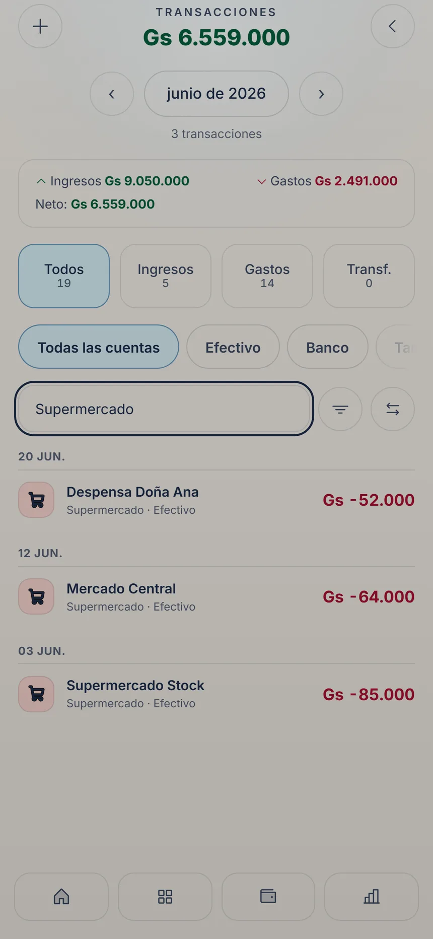 Lista de transacciones con la búsqueda abierta y un resultado encontrado