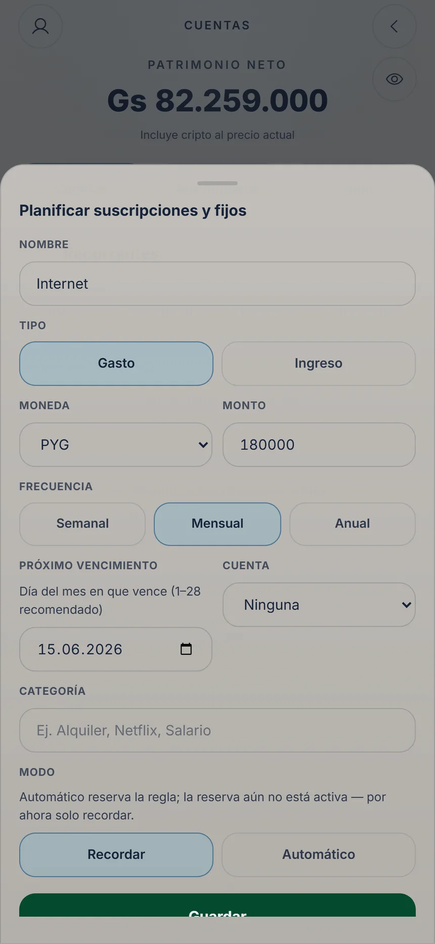 Formulario de un pago fijo mensual con monto, próximo vencimiento y cuenta