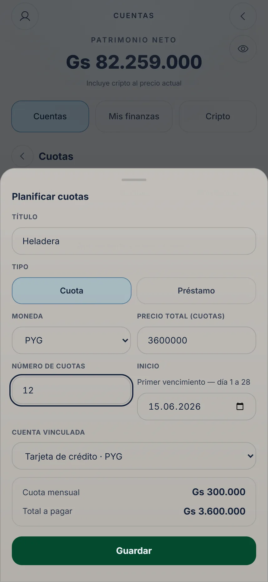 Plan de cuotas con precio total, 12 cuotas, tarjeta vinculada y cuota mensual calculada