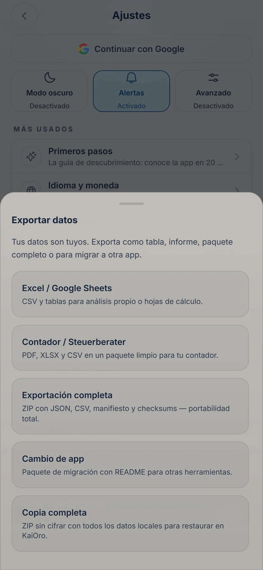 Centro de exportación con las opciones para exportar y la copia completa