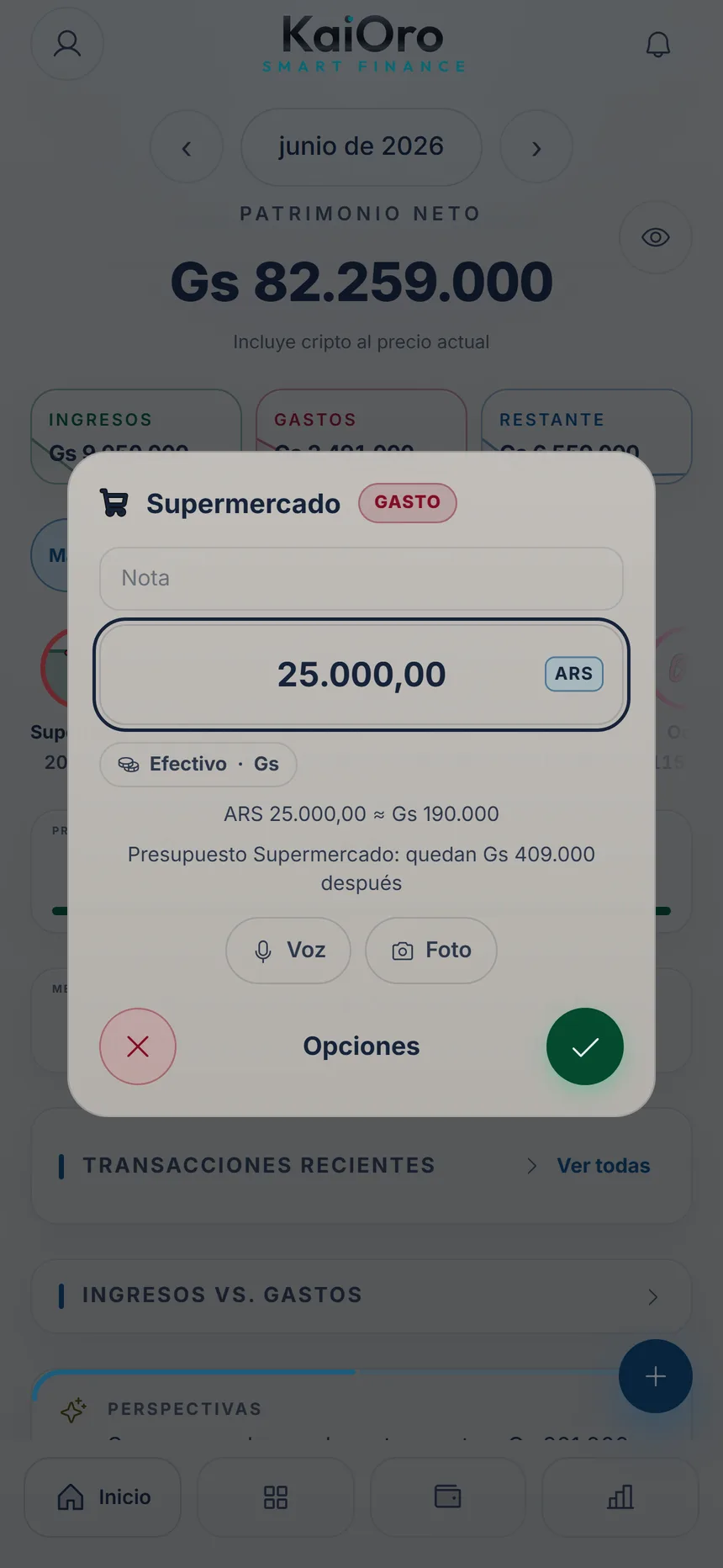 Registro rápido con la moneda de pago cambiada a pesos argentinos y la conversión a guaraníes debajo del monto