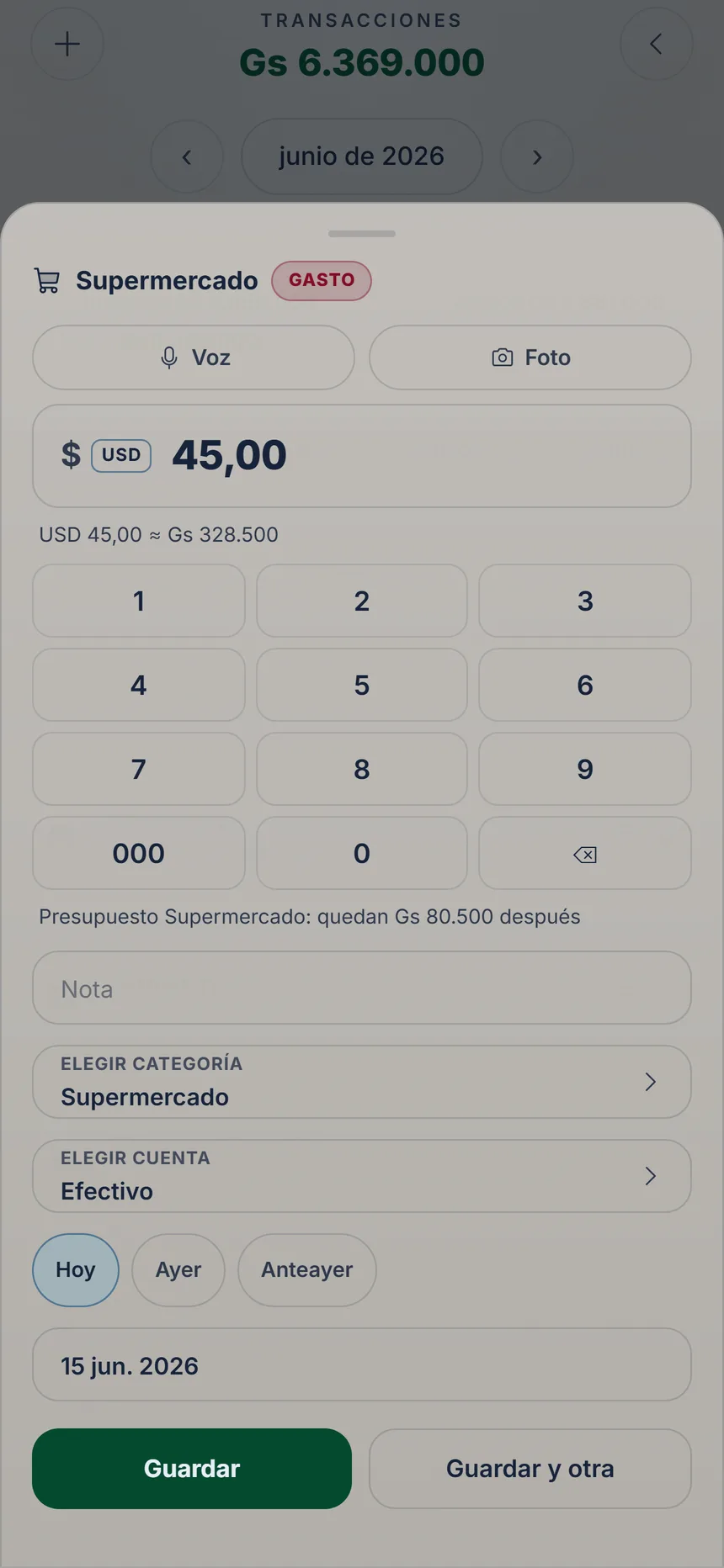 Ficha completa de un gasto en dólares con la conversión a la moneda de la cuenta, la cuenta y la fecha