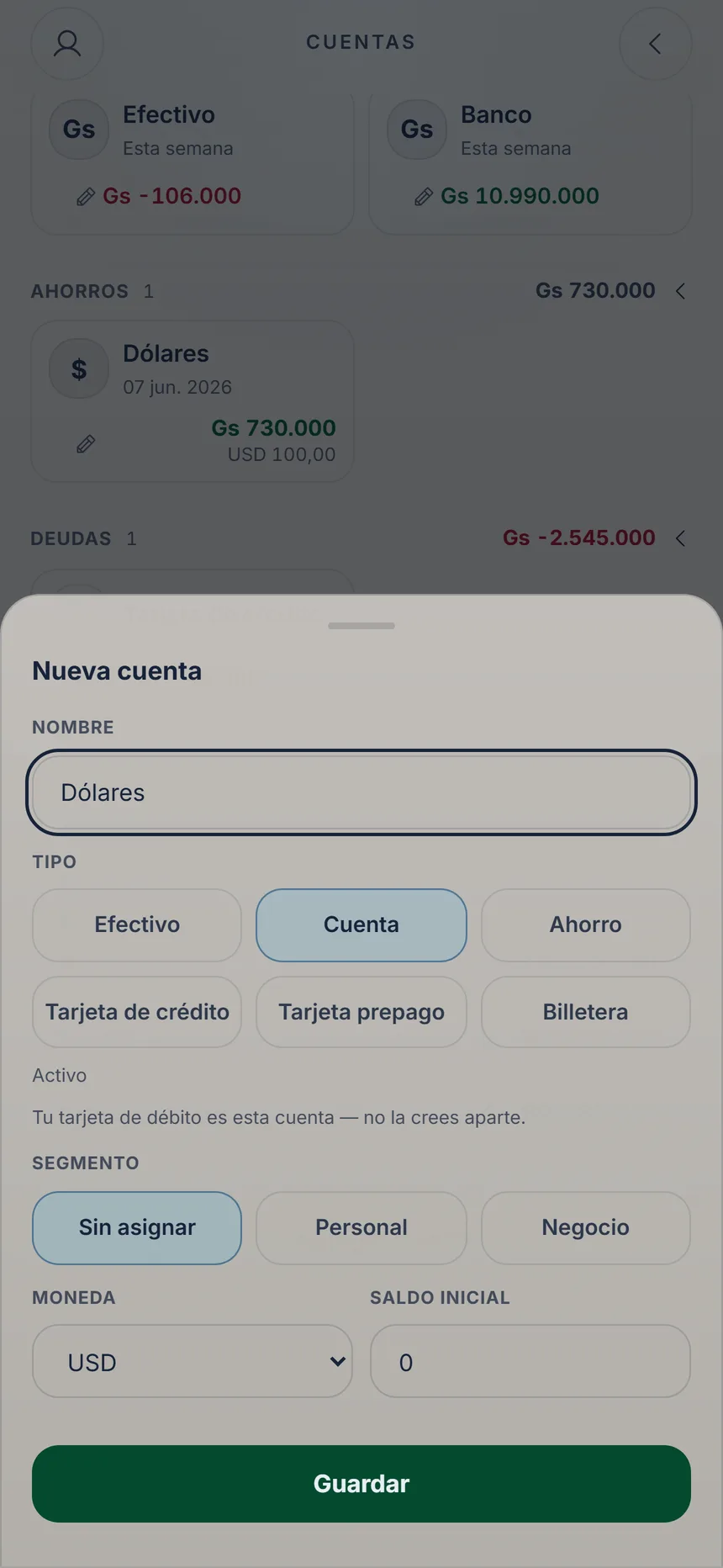 Formulario de una cuenta nueva con la moneda USD elegida