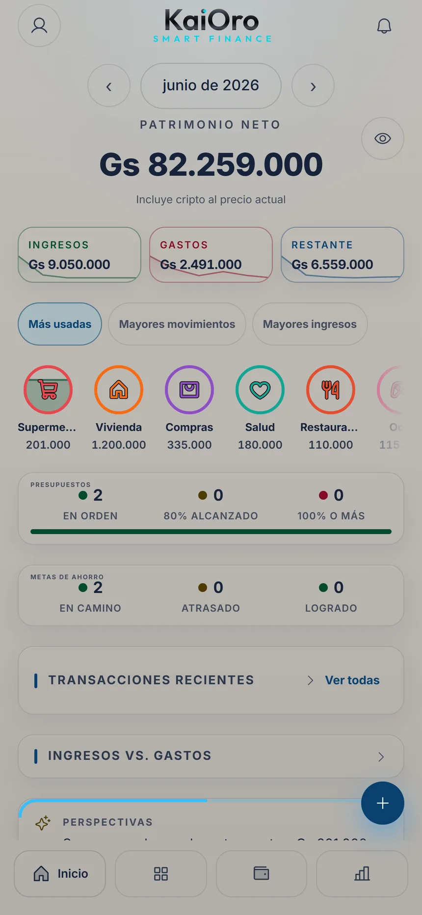 Inicio con las categorías más usadas; Supermercado está marcada