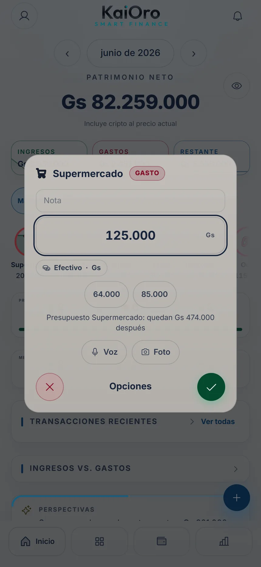 Registro rápido de Supermercado con el monto escrito y el botón ✓ para guardar