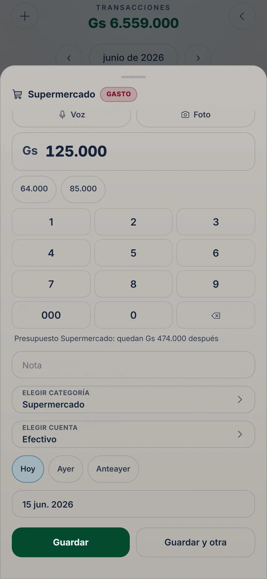 Ficha completa de un gasto con categoría, cuenta, día y los botones Guardar y Guardar y otra