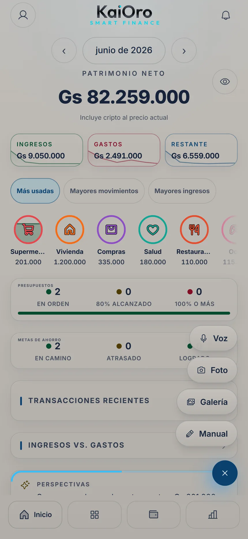 Inicio con el menú + abierto: Voz, Foto, Galería y Manual