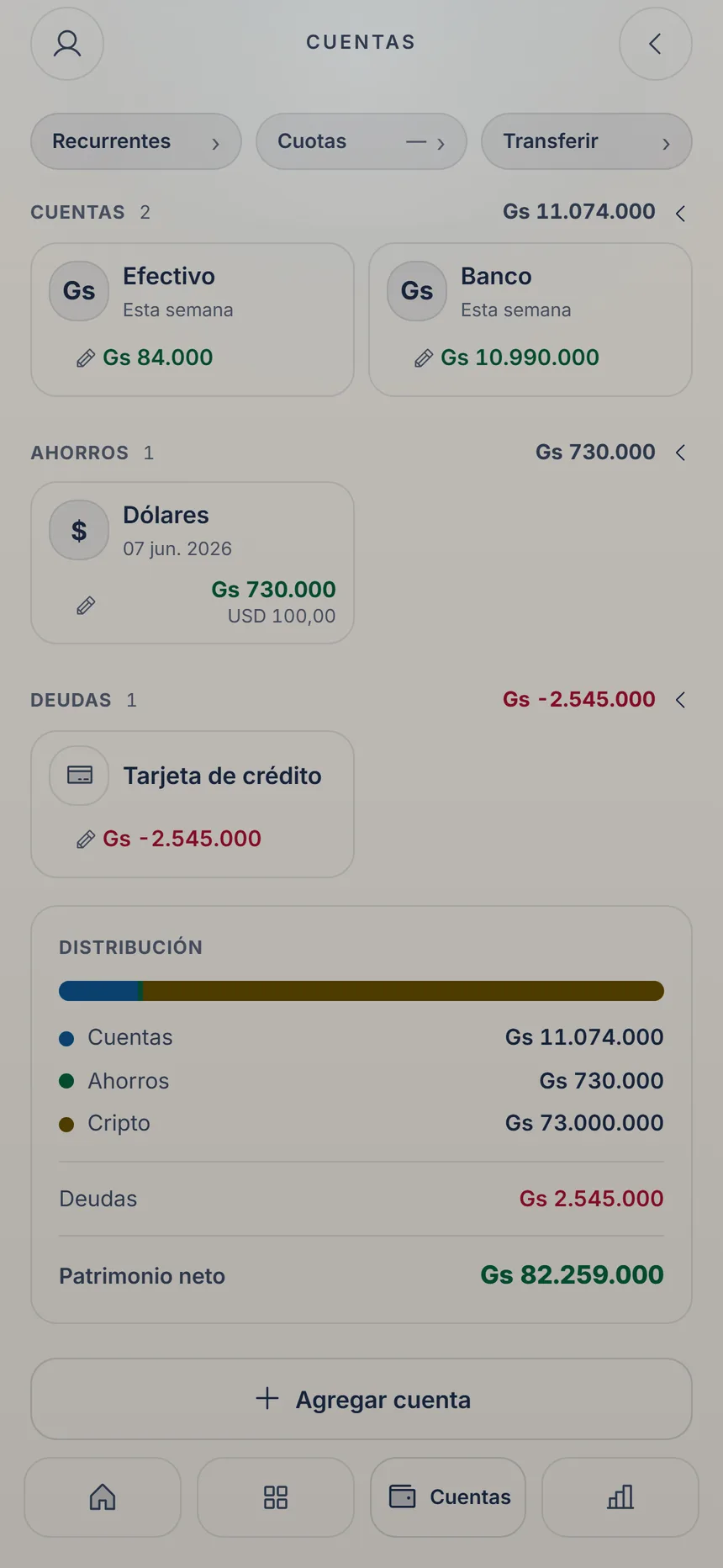 Cuentas con tus cuentas y tarjetas y el botón Agregar cuenta