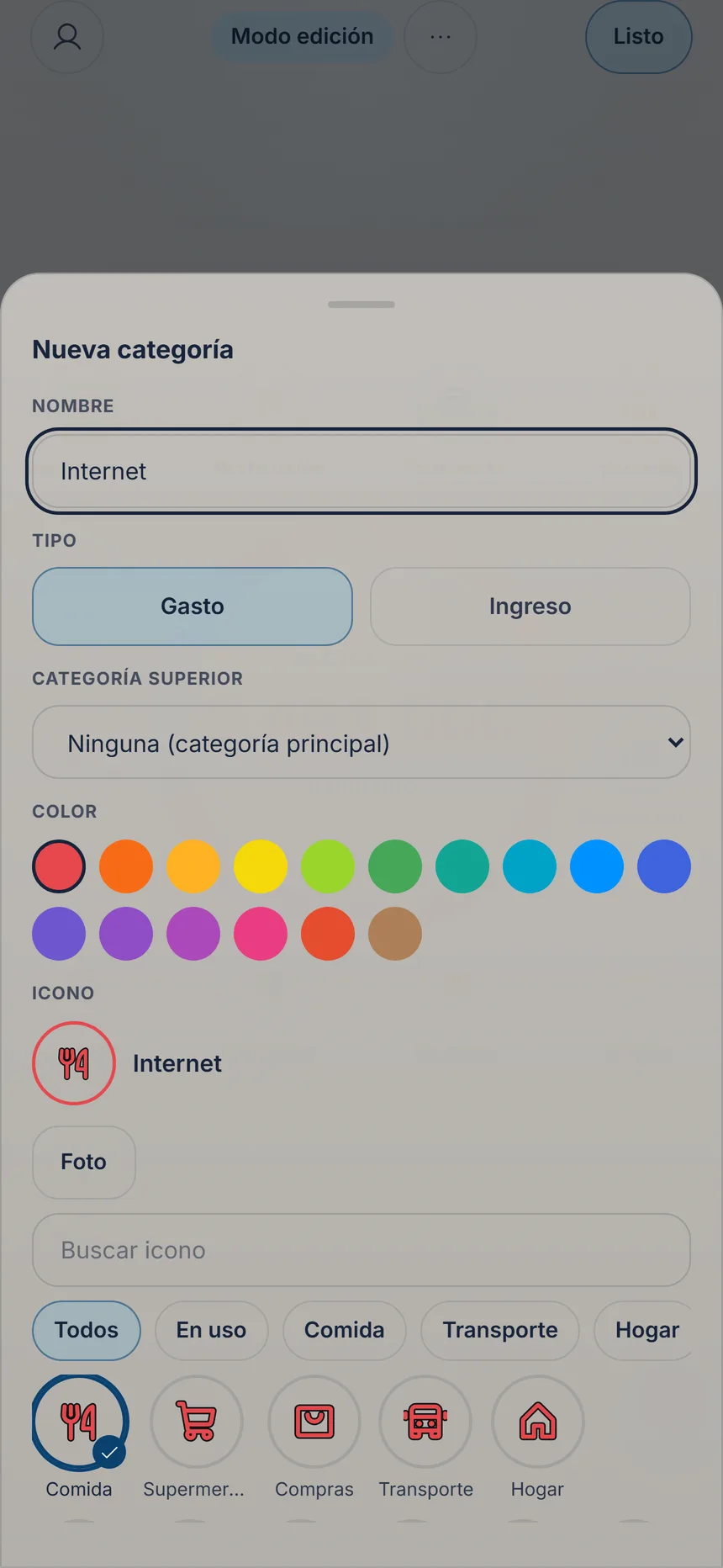 Formulario de categoría nueva con nombre, tipo y el campo Categoría superior