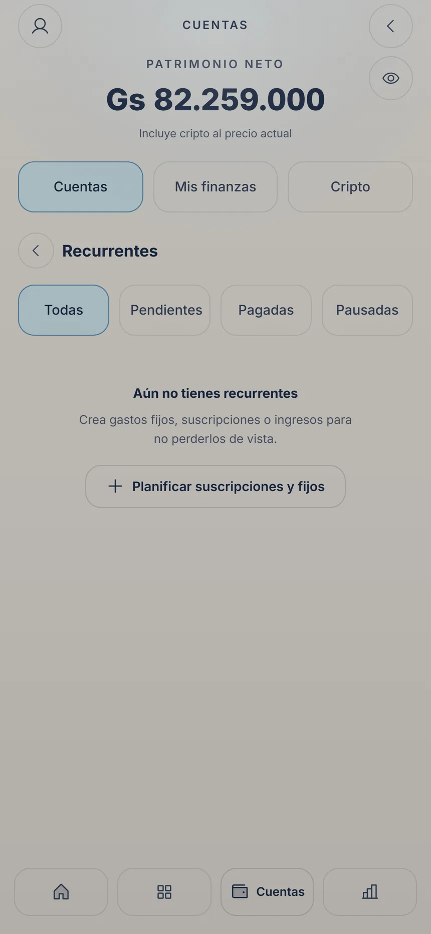 Recurrentes todavía vacío, con el botón Planificar suscripciones y fijos