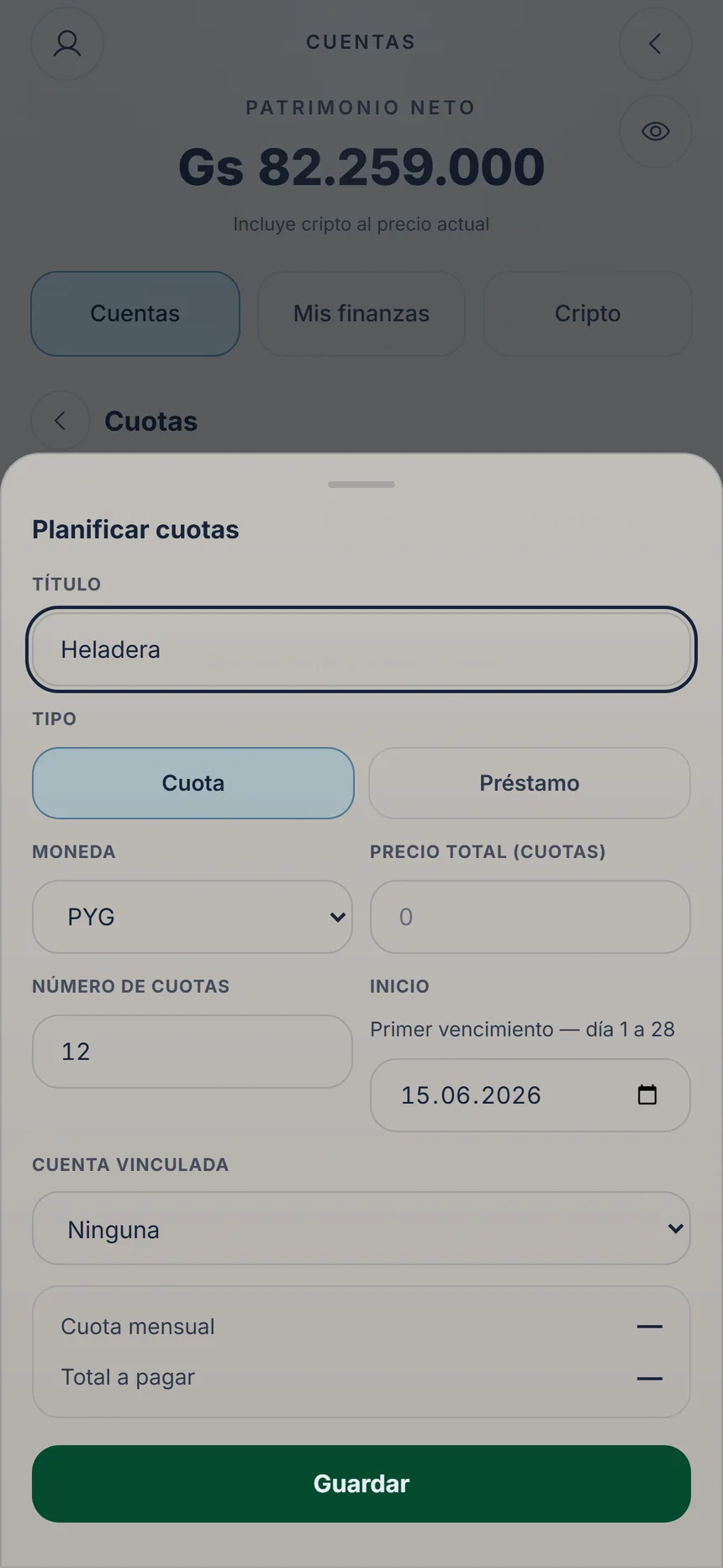 Formulario Planificar cuotas con el título escrito, el tipo, el precio total y el número de cuotas