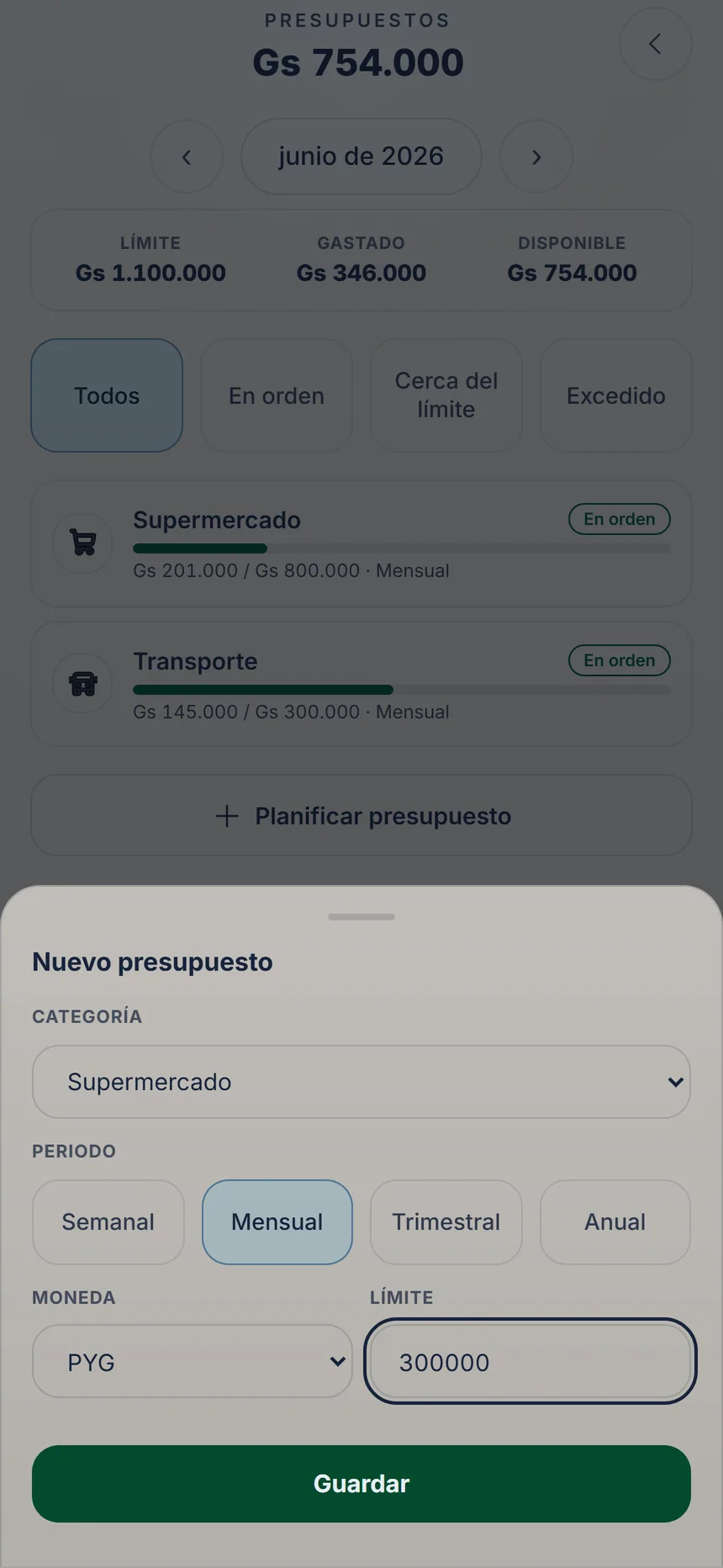 Formulario de presupuesto nuevo con el periodo Mensual, el límite y el botón Guardar