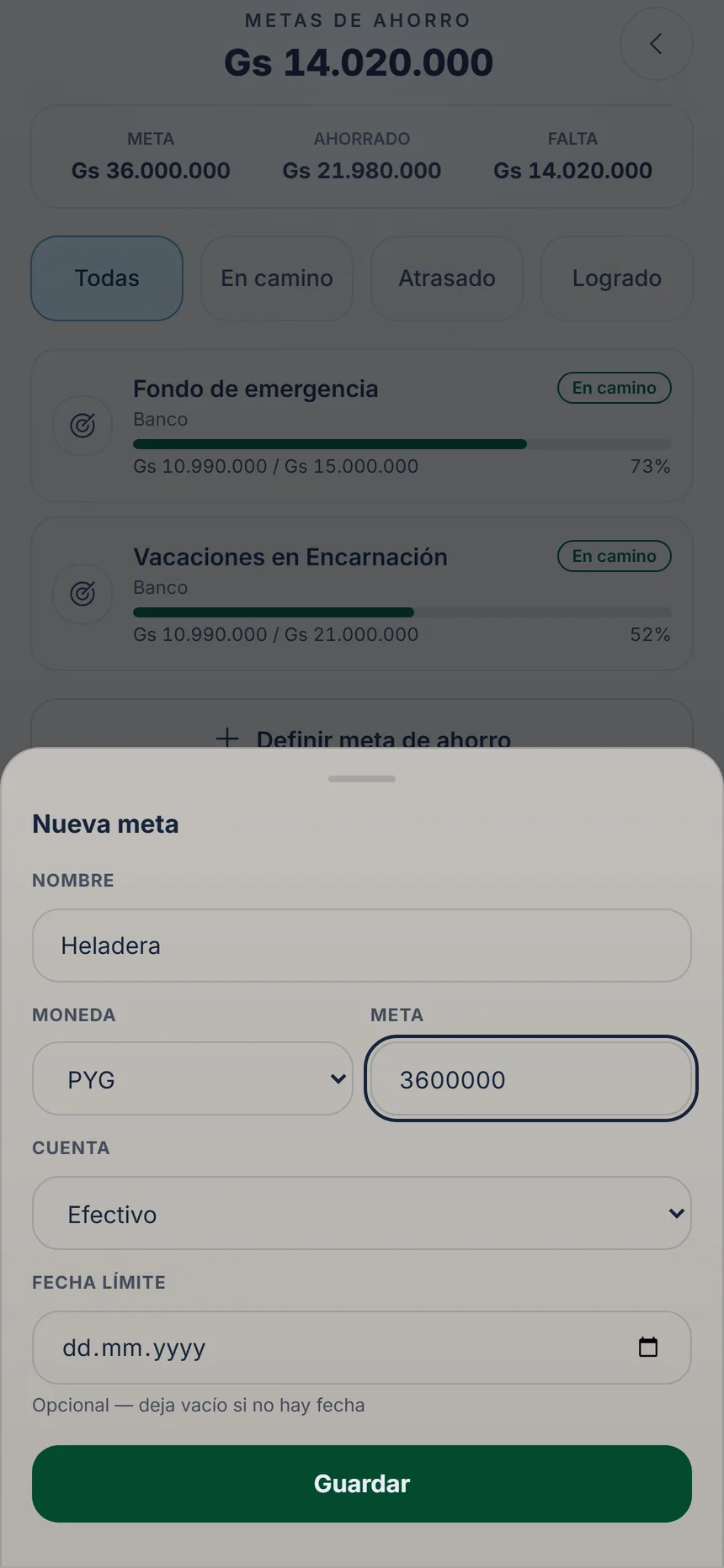 Formulario de meta nueva con nombre, moneda, monto, cuenta y el botón Guardar