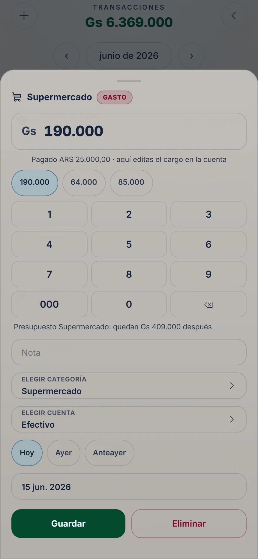 Gasto pagado en otra moneda abierto para corregir, con el botón Guardar