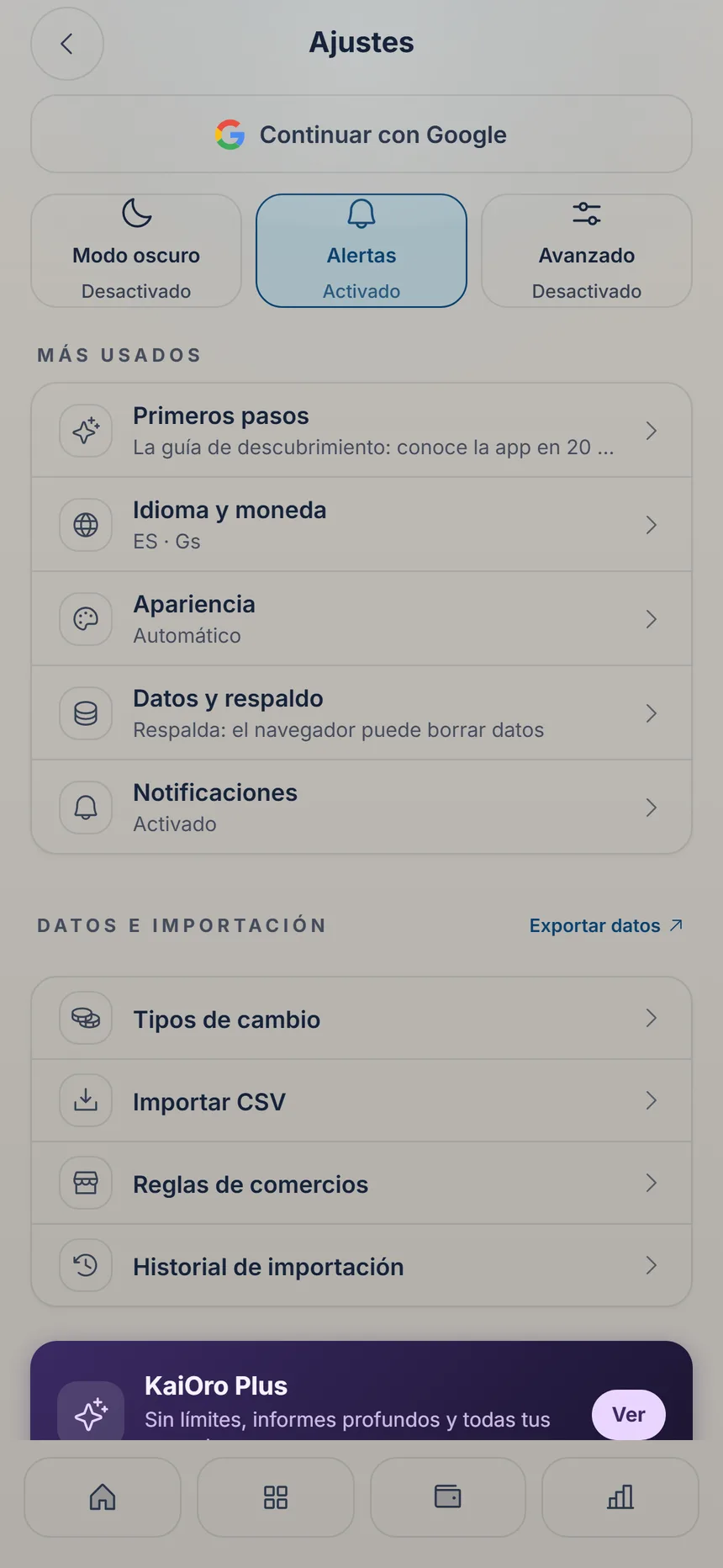 Ajustes con la sección Datos e importación y la fila Importar CSV