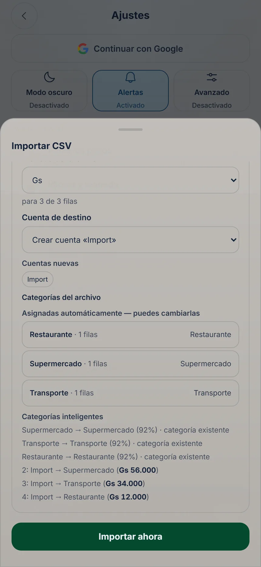 Vista previa de la importación con las categorías y el botón Importar ahora
