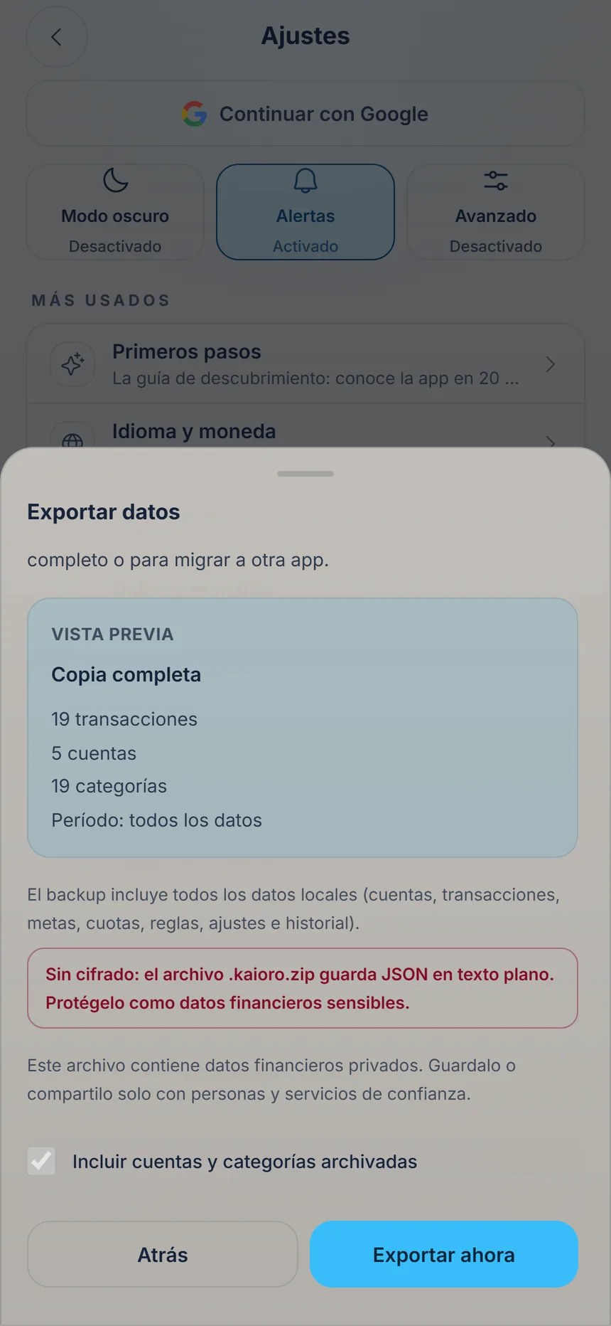 Vista previa de la Copia completa con el aviso de que no está cifrada y el botón Exportar ahora