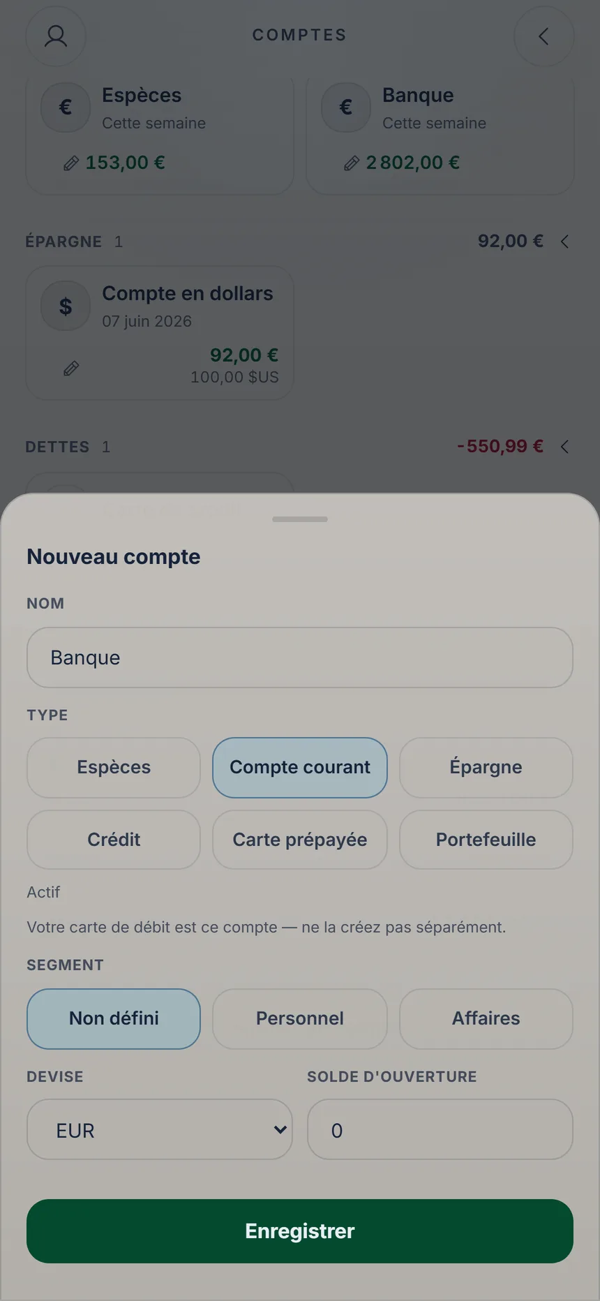 Formulaire d'ajout d'un compte avec nom, type et solde d'ouverture