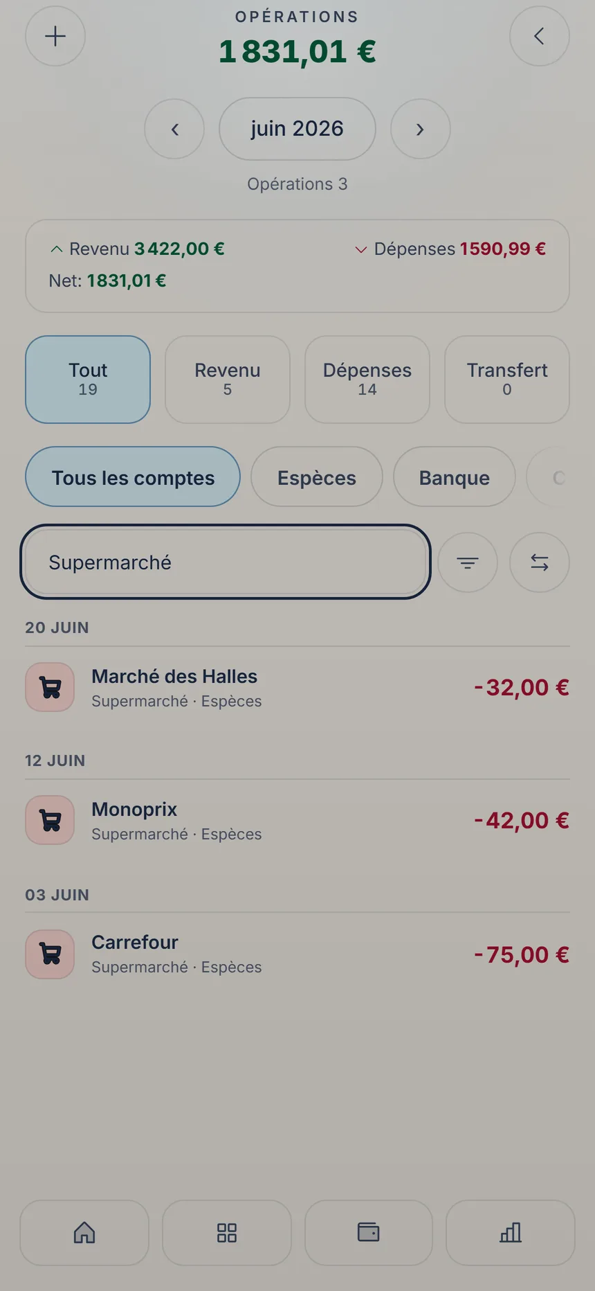 Liste des opérations avec la recherche ouverte et un résultat trouvé