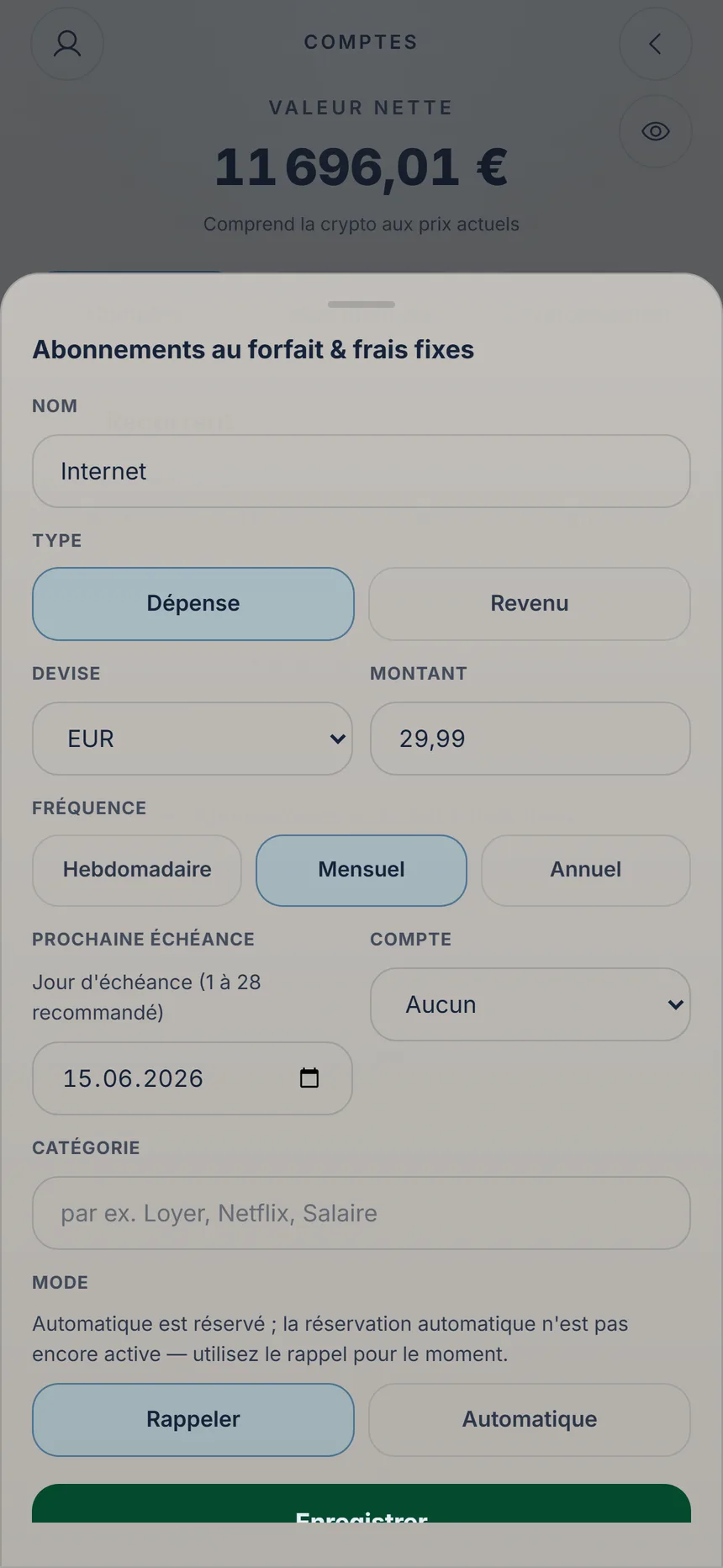 Formulaire d'un paiement mensuel avec montant, prochaine échéance et compte