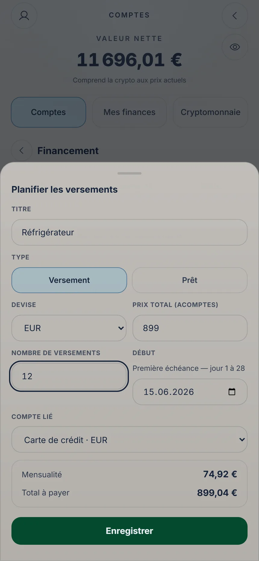 Plan de versements avec prix total, 12 versements, carte liée et mensualité calculée