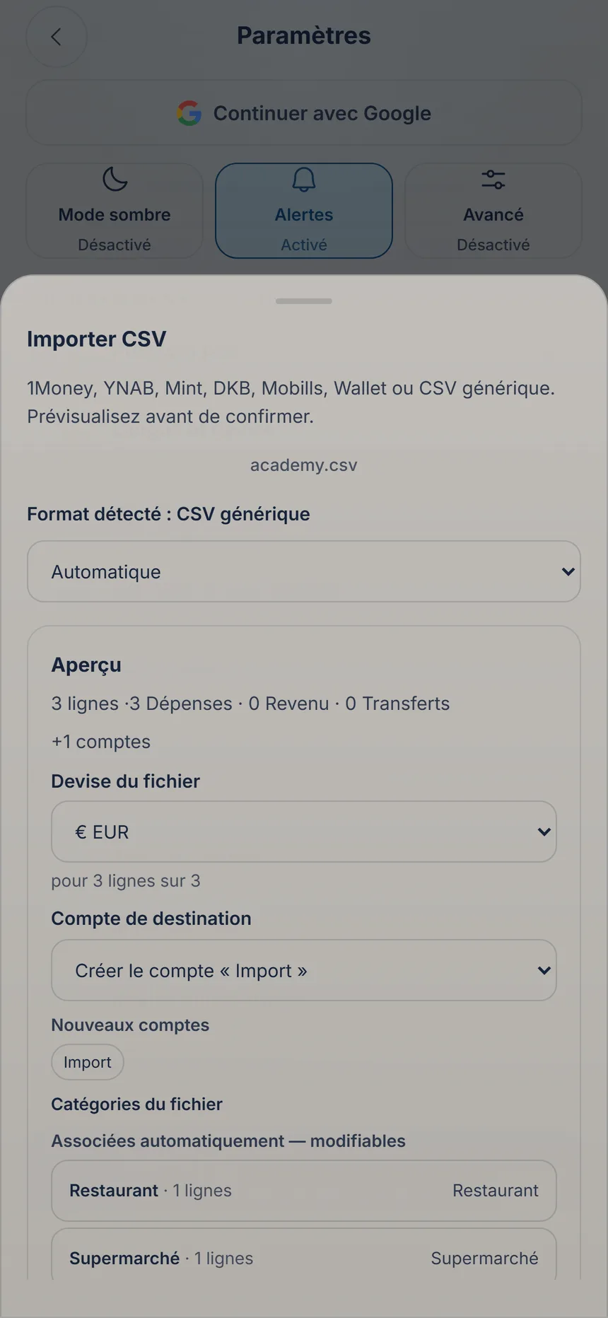 Aperçu d'une importation CSV avec devise du fichier, compte de destination et catégories