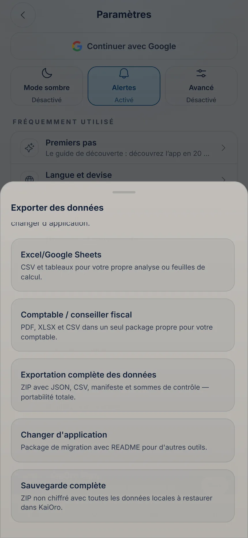 Centre d'export avec les options d'export et la sauvegarde complète