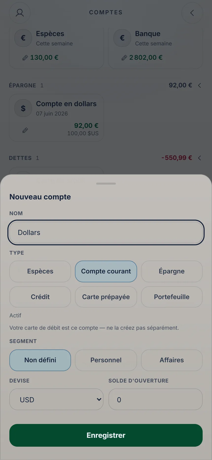 Formulaire d'un nouveau compte avec la devise USD choisie