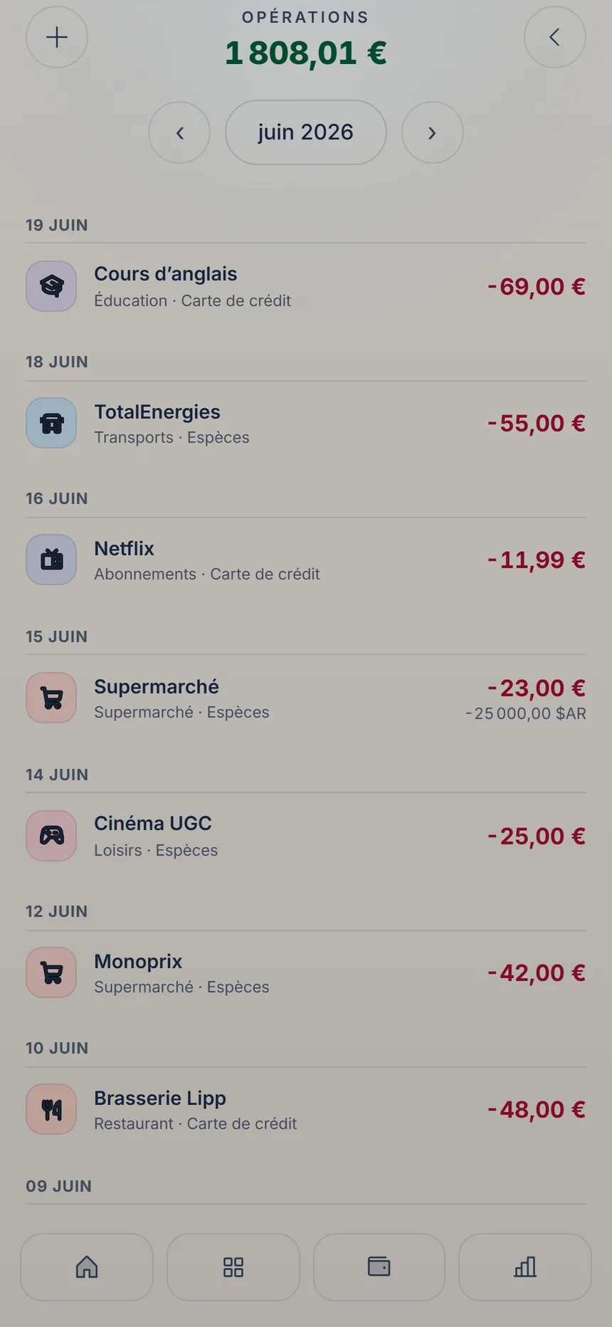 Liste des opérations avec une dépense dans la devise de base en haut et le montant d'origine en pesos argentins dessous