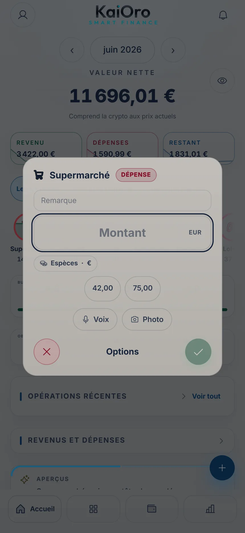 Saisie rapide de Supermarché avec le bouton Options en bas