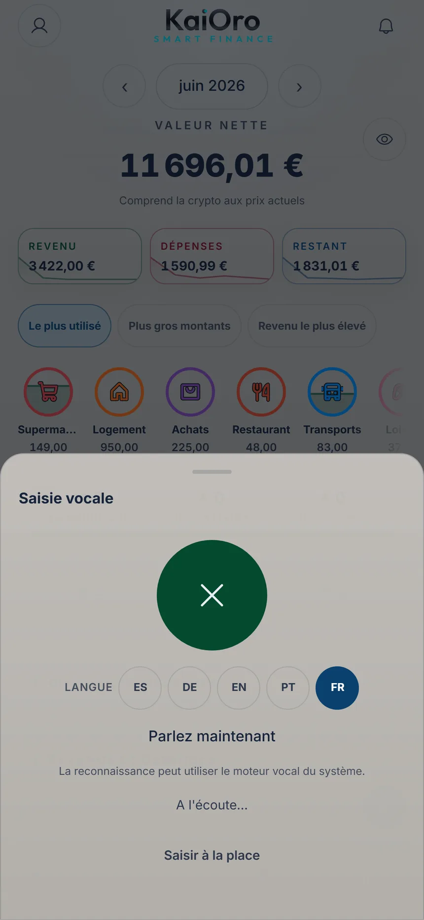 Saisie vocale à l'écoute, avec l'invitation à parler et le bouton pour arrêter