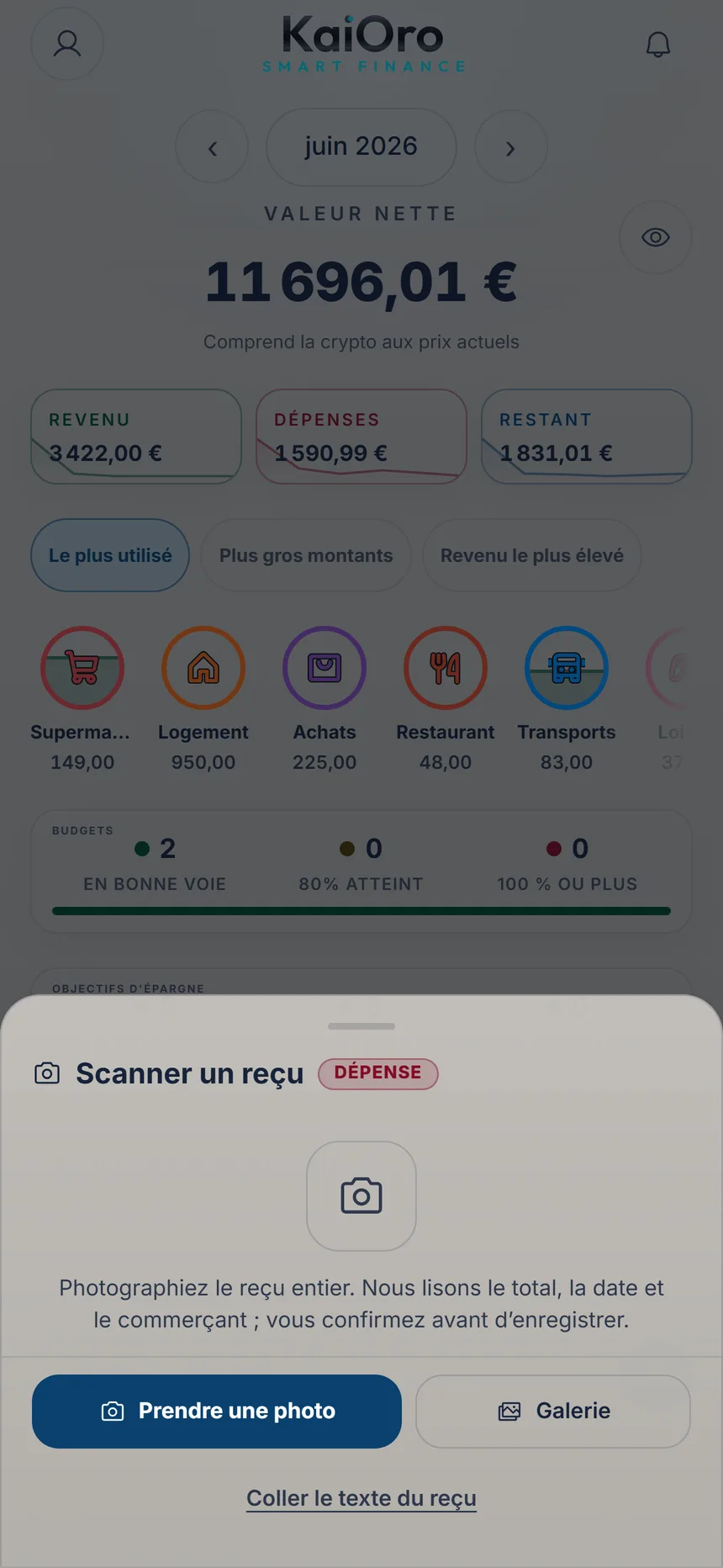 Scanner un reçu avec les boutons pour prendre la photo et Galerie