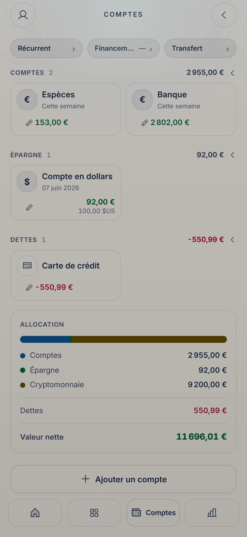 Comptes avec vos comptes et cartes et le bouton Ajouter un compte