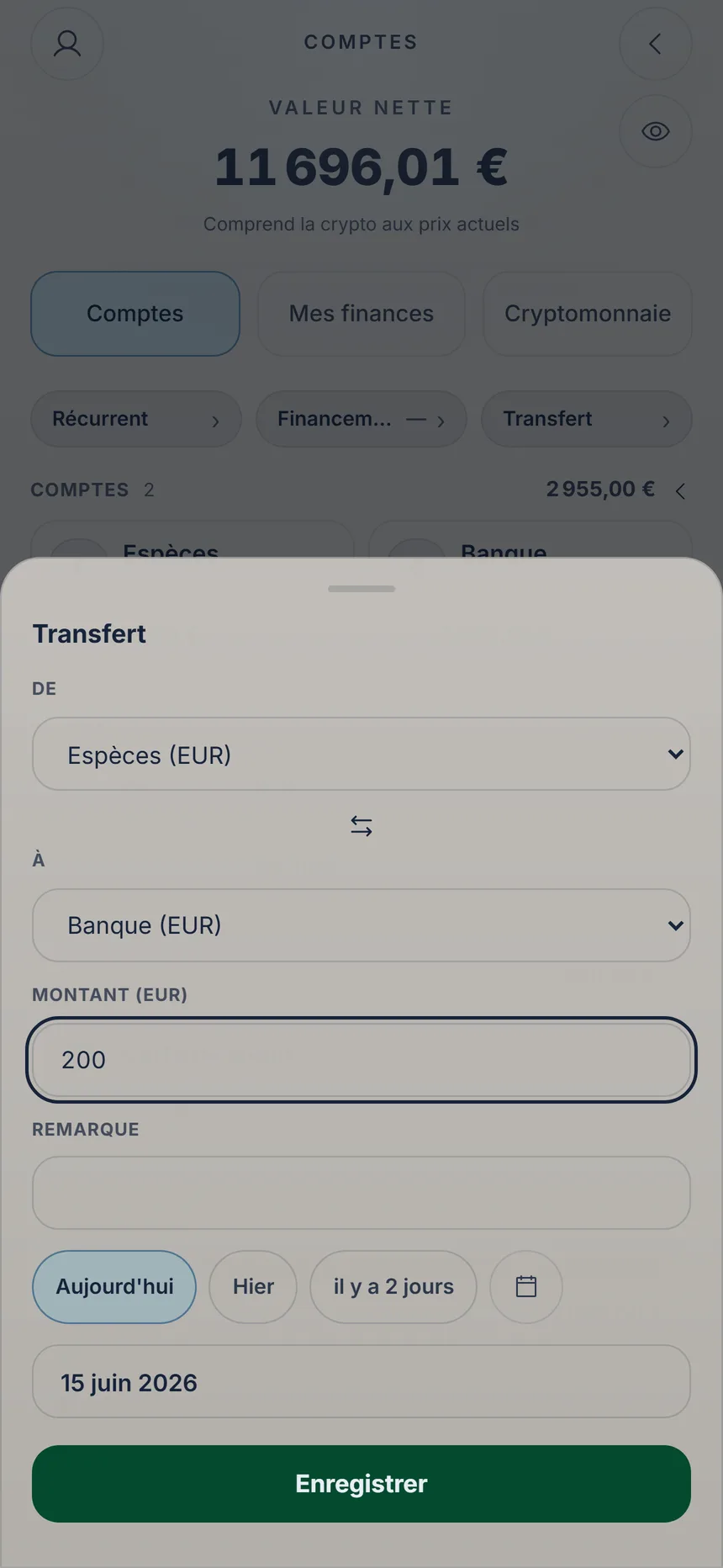 Transfert des espèces vers un compte bancaire avec le montant saisi et le bouton Enregistrer