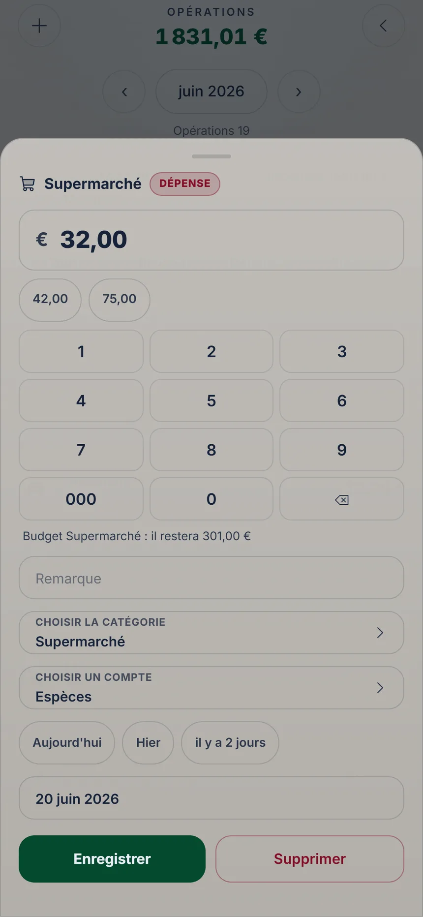 Dépense ouverte pour correction, avec les boutons Enregistrer et Supprimer