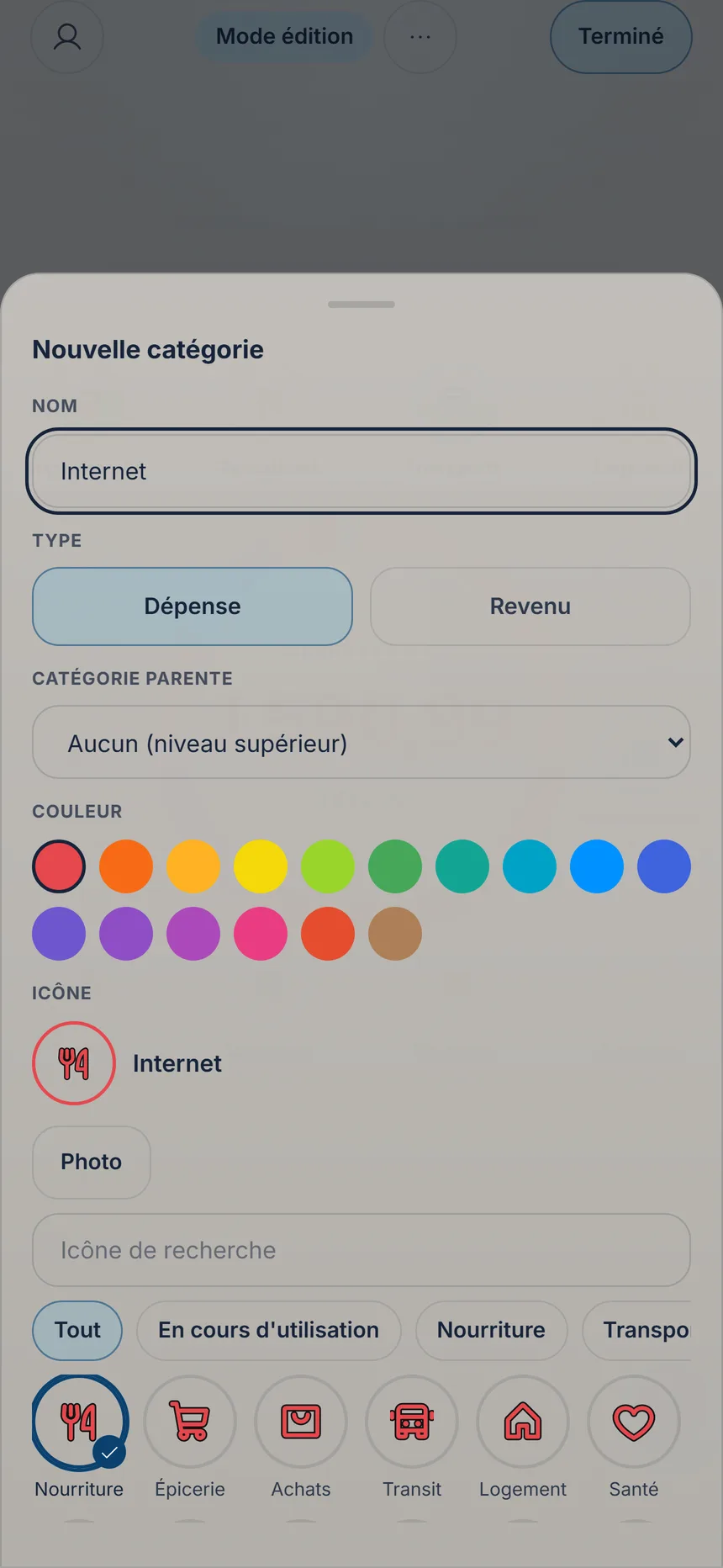 Formulaire de nouvelle catégorie avec nom, type et le champ Catégorie parente