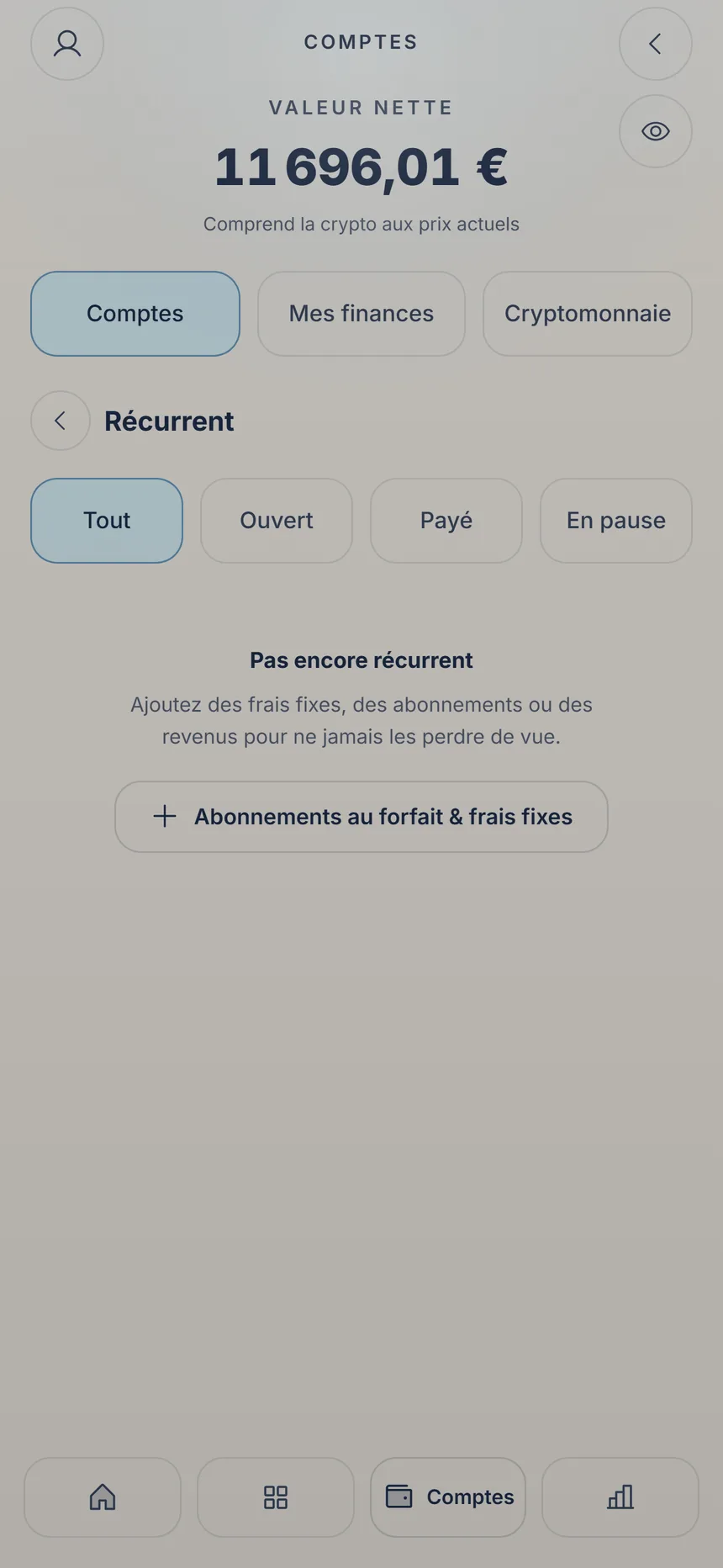 Récurrents encore vide, avec le bouton pour planifier abonnements et frais fixes