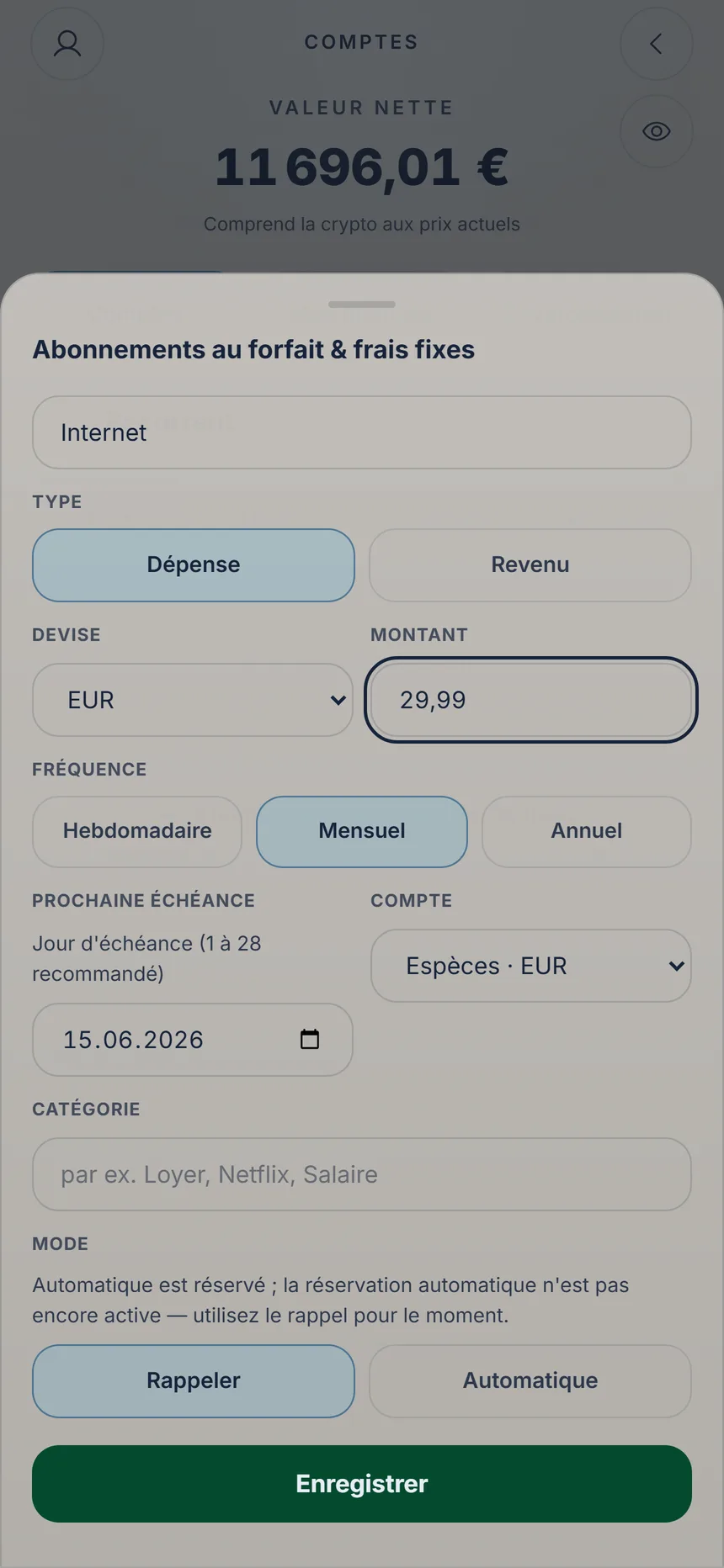 Formulaire d'un paiement mensuel avec le mode Rappeler et le bouton Enregistrer