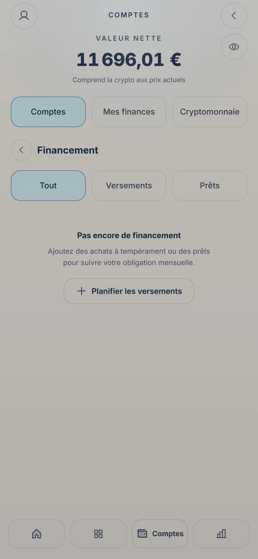 Financement encore vide, avec le bouton Planifier les versements